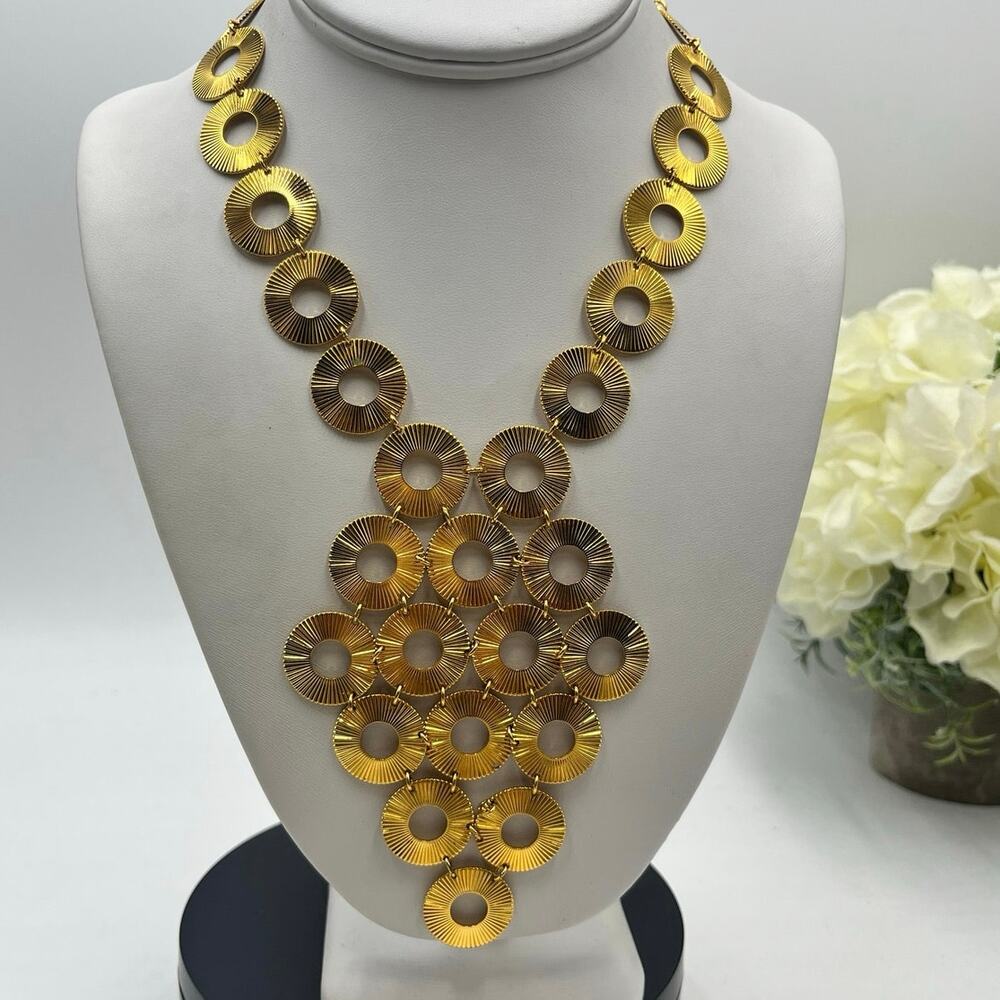 Vendome Signed‎ Vintage Gold Tone Round Disc Bib Sexy Modern Statement Necklace